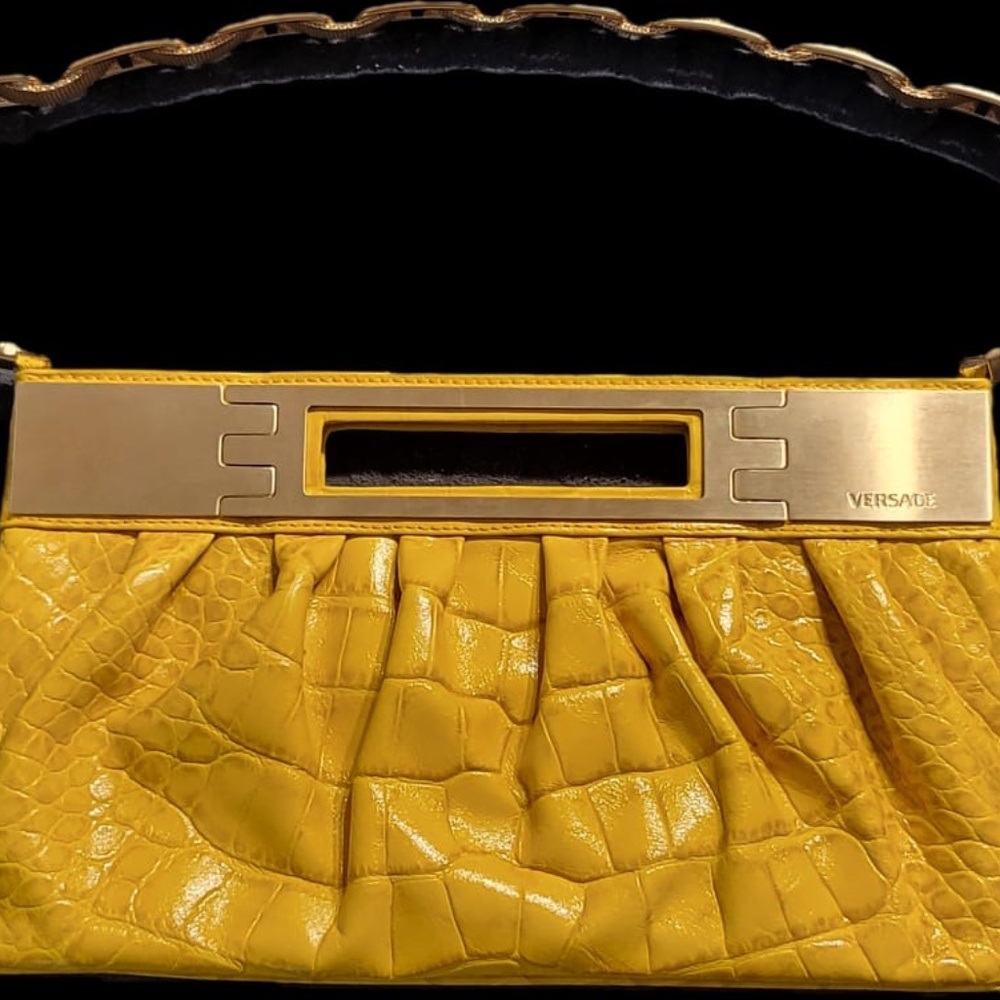 Versace Yellow Croc-Embossed Leather Clutch Bag – Designer Evening Bag